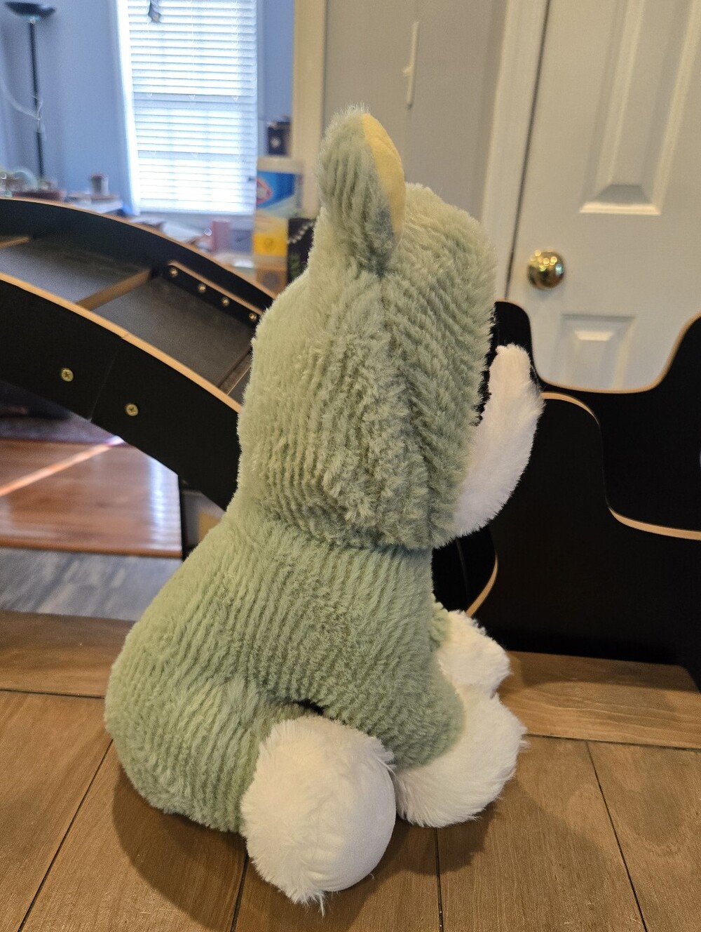 Kawaii Plush Puppy in Green Frog Hoodie Cute White & Black Face - Picture 4 of 6